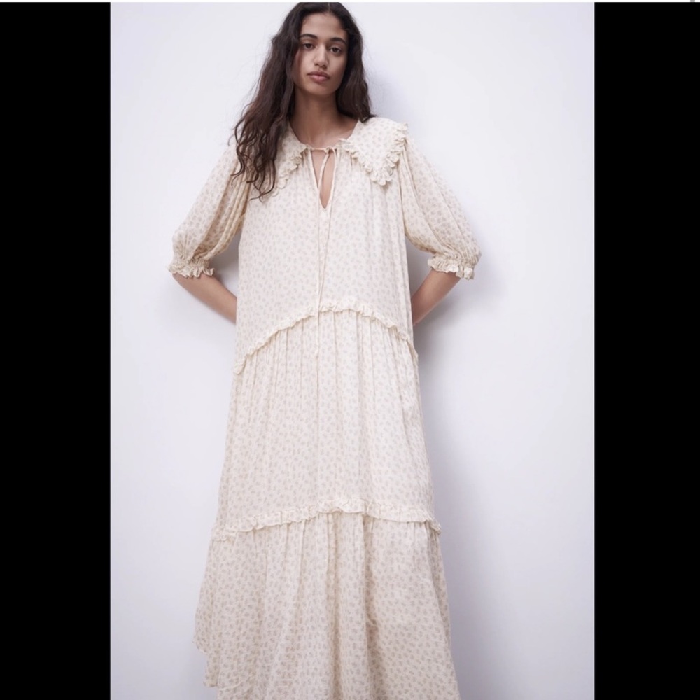 ZARA floral muslin ecru dress